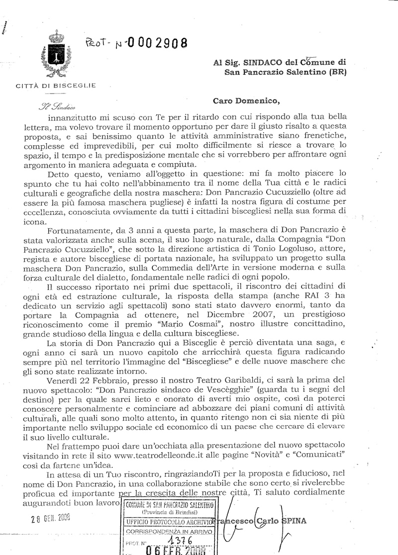 lettera di risposta del sindaco Francesco Spina al sindaco di San Pancrazio Salentino, Domenico Francone