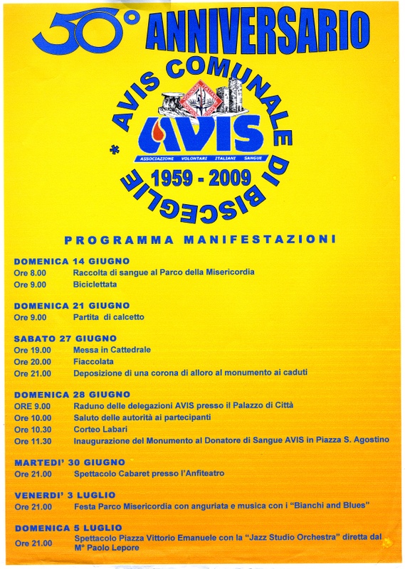  Programma manifestazioni per il 50° anniversario dalla nascita della sezione AVIS di Bisceglie 
