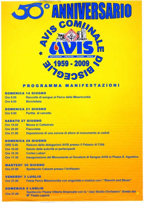  Programma manifestazioni per il 50 anniversario dalla nascita della sezione AVIS di Bisceglie 