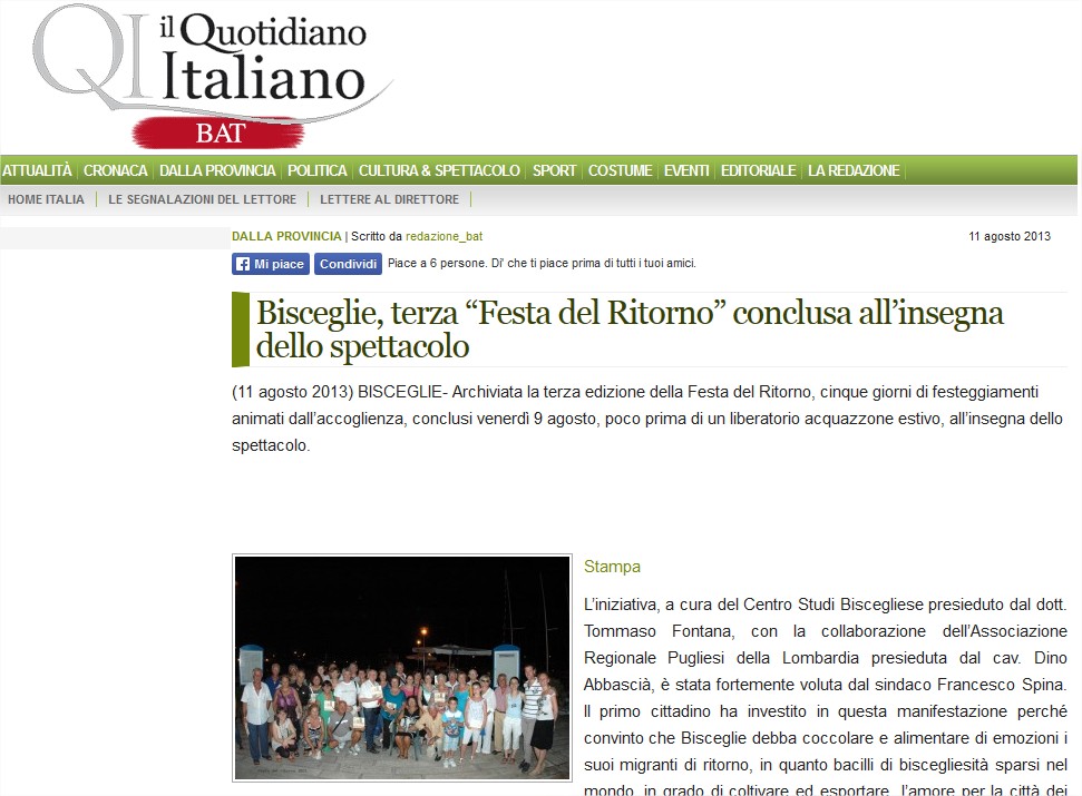 Festa del ritorno 2013: Articolo Il Quotidiano Italiano 