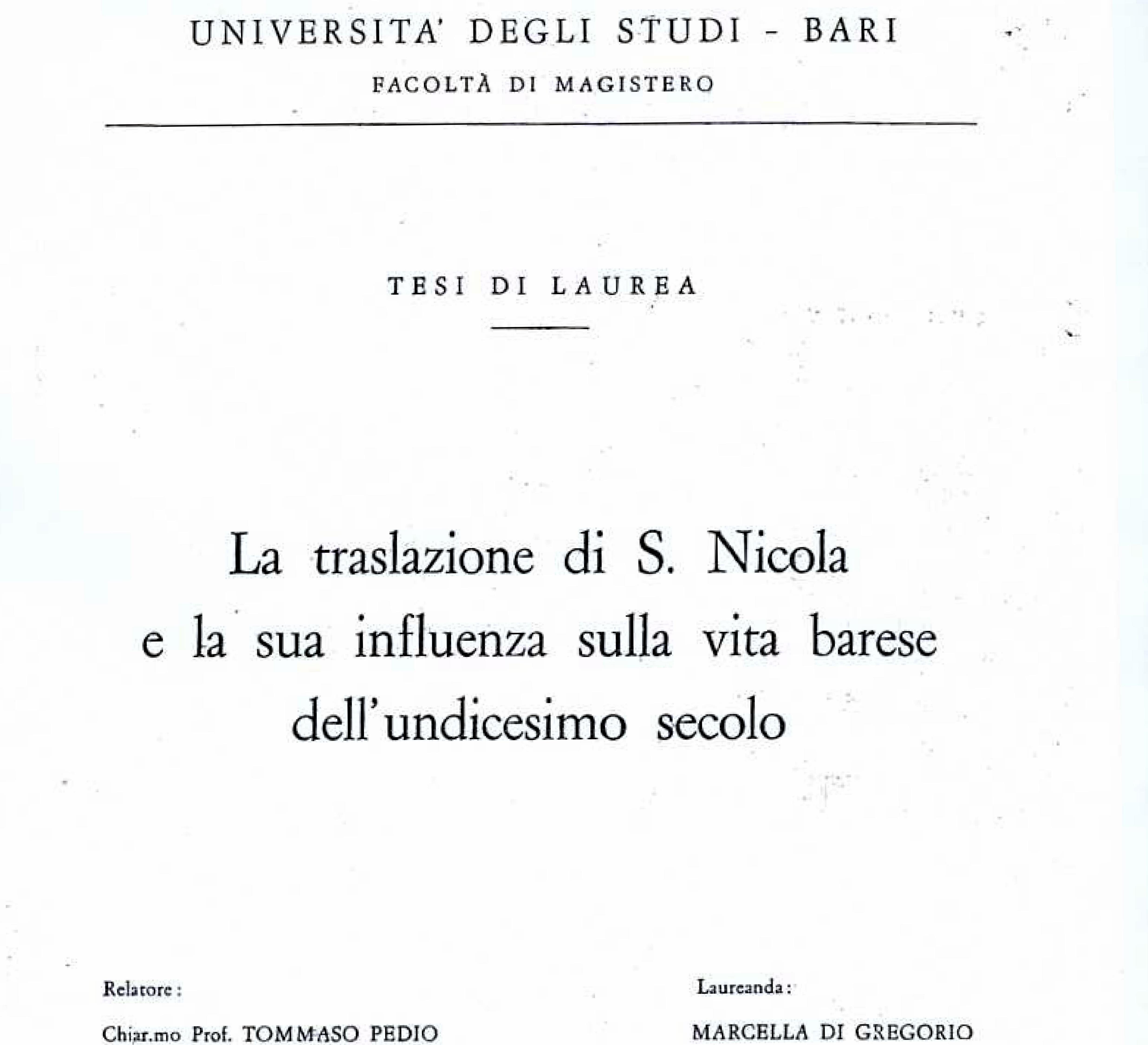 La traslazione di S. Nicola e la sua influenza sulla vita barese dell'undicesimo secolo